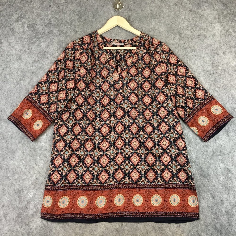 Renee C Tunic Top L Boho Flowy Border Print Geometric Sienna Motif USA Made Red